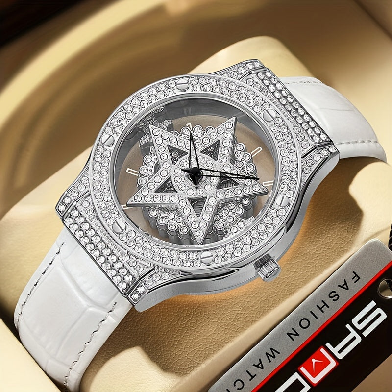 Elegant Quartz Wrist Watch for Women with Rhinestone Embellished Lucky Star Design, Round PC Case, PU Leather Band, Pointer Display, Mechanical Self-Winding Movement - Sweatproof and Durable