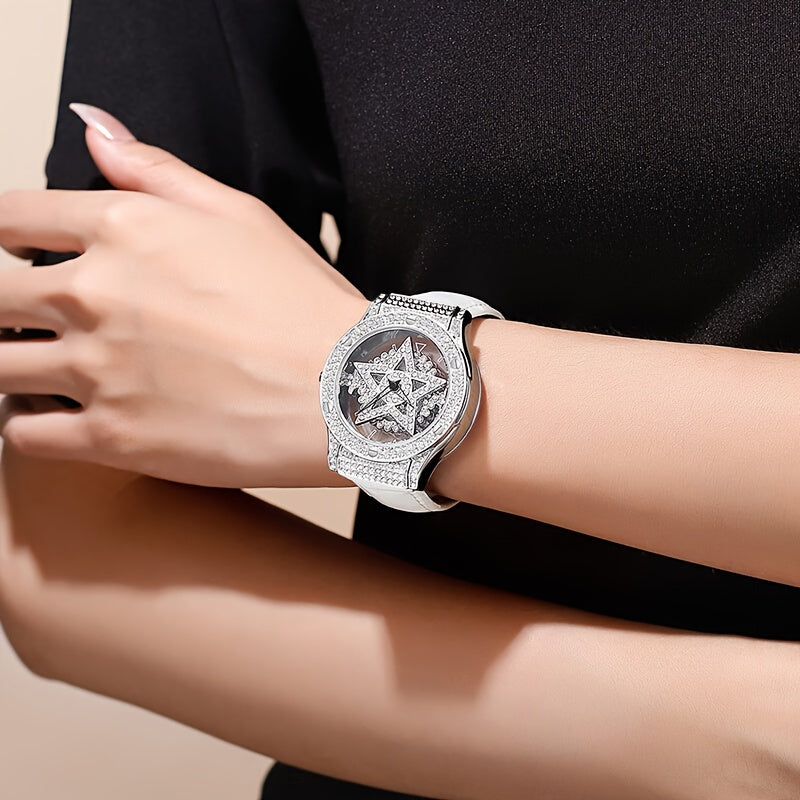 Elegant Quartz Wrist Watch for Women with Rhinestone Embellished Lucky Star Design, Round PC Case, PU Leather Band, Pointer Display, Mechanical Self-Winding Movement - Sweatproof and Durable